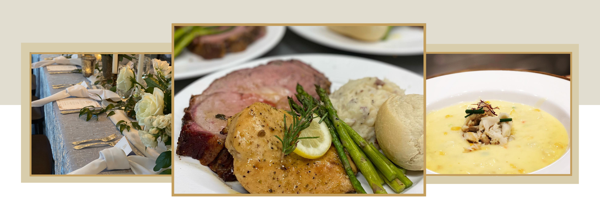 catering collage feature an appetizer tray, beautifully plated entrée and a bowl of soup 