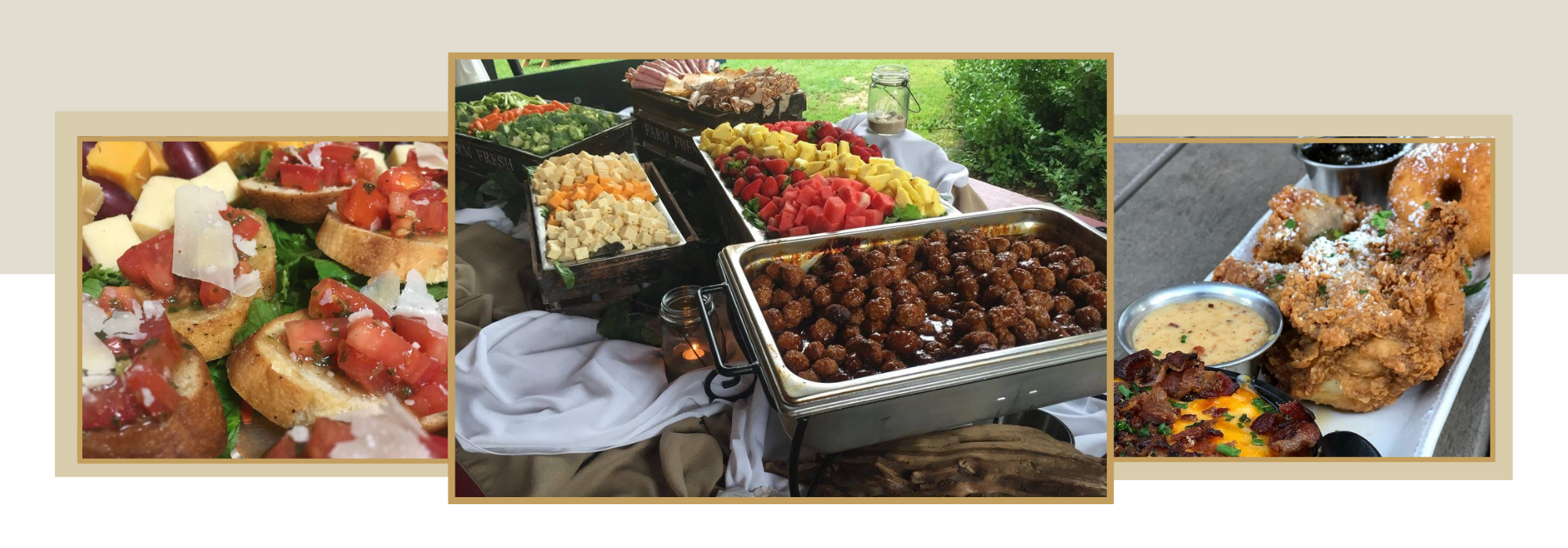 catering collage feature an appetizer tray, beautifully plated entrée and a bowl of soup 